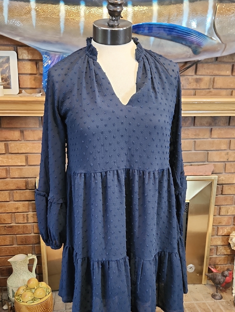 CeCe Navy Bkue Swiss Dot Ruffled Long Sleeve Tiered Baby Doll Mini Dress Size XS